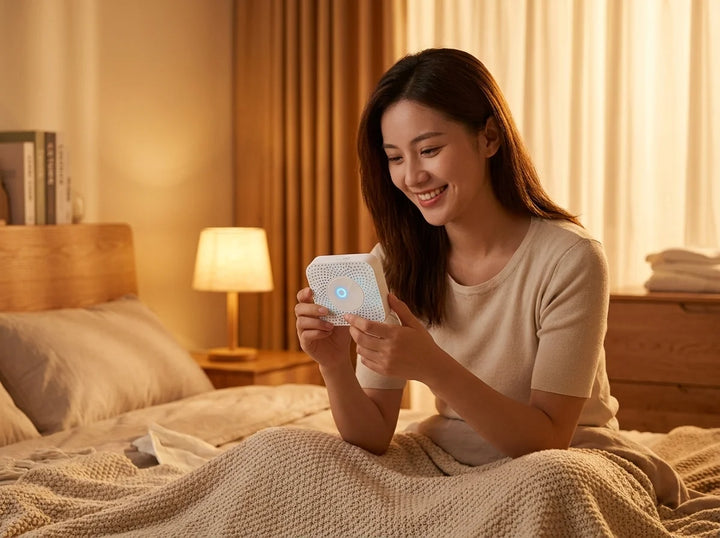 A woman sitting on a bed in a warmly lit bedroom holds a small white rectangular device with a circular blue logo. The scene includes pillows, a lamp, curtains, and a wooden headboard in the background.